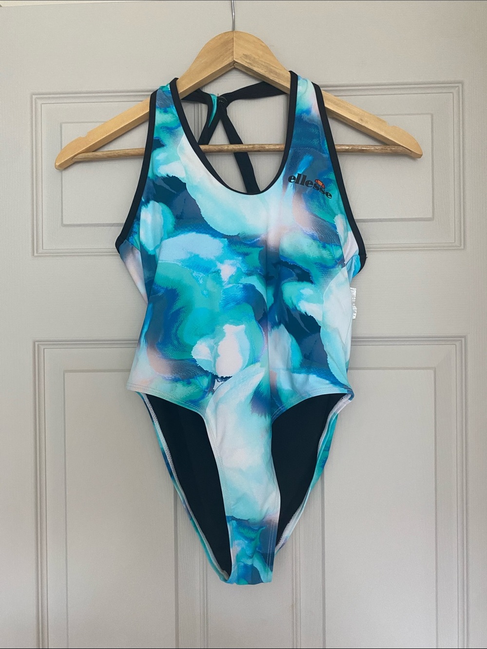 NEVER WORN Ellesse Blue Teal Marble One-Piece Swimsuit with Black Trim